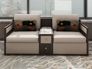  新中式 珍贵柚檀色小叶龙凤檀木 高档纳帕皮 冷翡翠亮光岩板 双人位沙发
