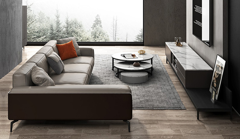 极简风格 超柔舒适 全实木框架+白鹅羽绒靠包 1+3+右贵妃 科技布沙发（图片为真皮款，此配置为科技布）