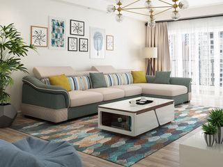  实木框架 现代转角布艺沙发可调节头枕功能草绿配米色（2+2+单位）随意组合贵妃可左右互摆