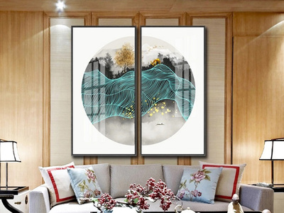 新中式客厅装饰画现代简约轻奢抽象山水画沙发背景墙玄关挂画两联 晶瓷画