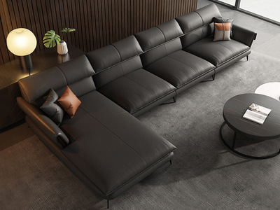  客厅意式极简 优质皮艺+实木框架+高密度海绵 黑灰色 转角沙发 1+3+右贵妃