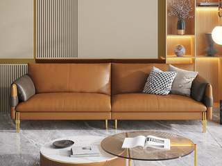  客厅意式极简 抗皱耐撕拉 仿真皮  厚实饱满高密度海绵  实木框架 橙色 直排沙发 大三人位