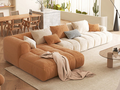  极简风格 科技绒布+实木框架 奶油色系方块布艺沙发 米白色+棕色 3.3米右贵妃组合沙发