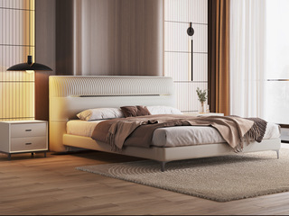  现代简约 舒适柔软科技布+实木框架 米白色 1.5*2.0米卧室软床（搭配10公分松木排骨架）