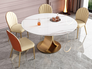  轻奢风格 防刮耐磨 12mm亮光羊脂白玉岩板+不锈钢钛金底架 1.2米餐桌