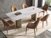 卡罗亚 轻奢风格 防刮耐磨 12mm亮光羊脂白玉岩板+不锈钢钛金底架 半月台 1.4米餐桌
