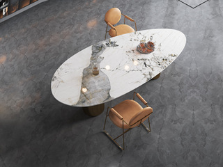  轻奢风格 防刮耐磨 潘多拉亮光岩板+不锈钢钛金底架 金色钛金异形餐桌 2.4米餐桌