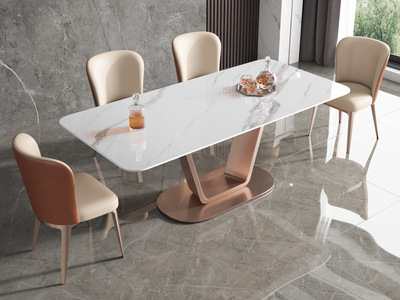  轻奢风格 防刮耐磨 岩板+不锈钢底架玫瑰金 1.8米餐桌