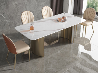  轻奢风格 防刮耐磨 12mm亮光羊脂白玉岩板+不锈钢 1.8米餐桌
