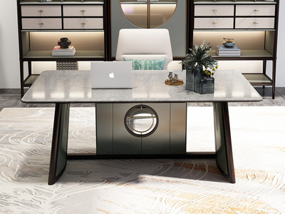  新中式 高端黑檀木 盛夏之舞岩板台面 优质皮艺软包书桌