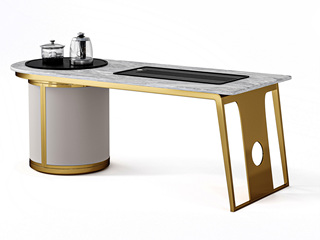  新中式 凡尔赛岩板台面 不锈钢框架 茶台（含图中烧水壶、漏水桶、茶盘）(下单请参考实拍)