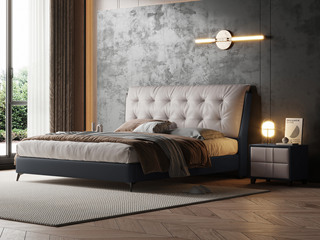  现代简约 优质皮艺+实木框架 浅灰色+深灰色 1.8*2.0米床（搭配10公分松木排骨架）