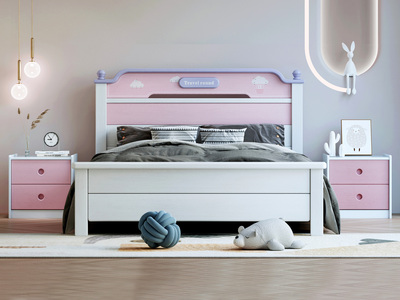  简美风格 新西兰松木压纹+松木床板条 环保健康 白+粉 1.5*2.0米儿童床