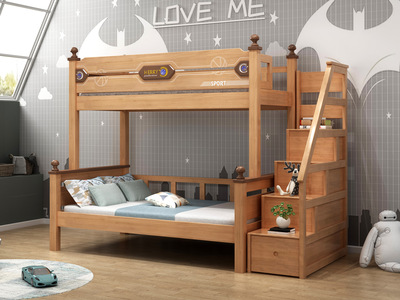  简美风格 橡胶木+松木床板条 环保健康 儿童床 浅胡桃色 1.5*1.9米踏步床