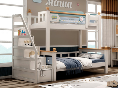  简美风格 橡胶木+松木床板条 环保健康 儿童床 1.5*1.9米踏步床