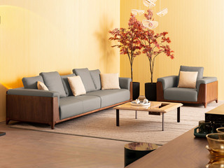  极简风格 头层进口小黄牛皮+实木框架+高密度回弹海绵 组合沙发 单人位+四人位