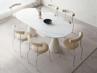  现代极简 奶油风 独特造型设计奶油风圣杯桌 进口亮光岩板台面+五金烤漆工艺 1.4米 餐桌