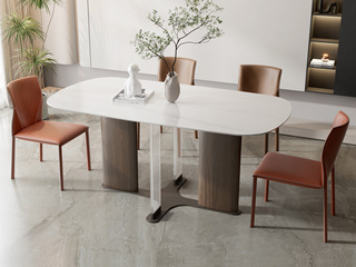 极简风格 防刮耐磨 冰晶白玉亮光岩板+胡桃木皮+水晶板 1.6米 餐桌