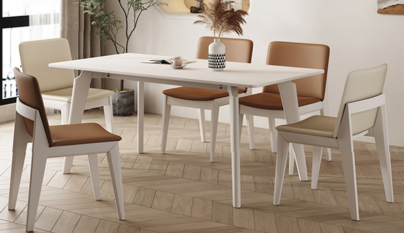 歌迪 北欧风格 纯色哑光岩板 坚固白蜡木架 奶白色 1.4米餐桌