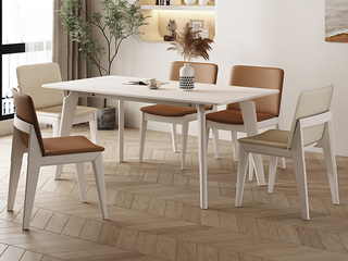  北欧风格 纯色哑光岩板 坚固白蜡木架 奶白色 1.6米餐桌