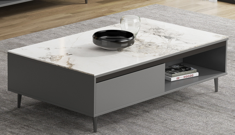 米勒 极简 香奈儿亮光岩板+碳素钢脚  茶几