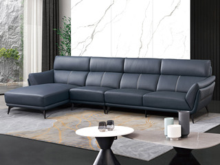  现代简约 优质皮艺+高密度回弹海棉+实木框架 深蓝色 转角沙发 1+3+右贵妃