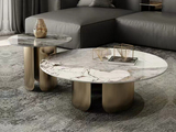 慕梵希 轻奢风格 潘多拉亮光岩板面（大岩板）+意大利浅灰（亮光小岩板） +不锈钢拉丝 茶几组合（大圆+小圆）