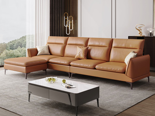  极简风格 超柔科技布+实木框架+高密度海绵+五金脚 橙色 组合沙发 四人位+脚踏