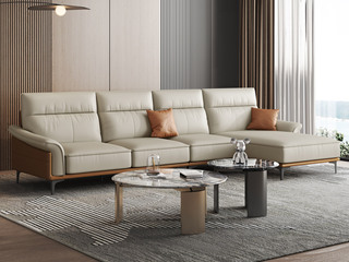  极简风格 超柔科技布+实木框架+高密度海绵+五金脚 米白色 转角沙发 1+3+左贵妃