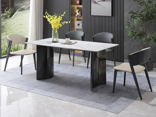   极简风格不锈钢黑钛亮光台脚+哑光雪山石岩板面 1.8米餐桌