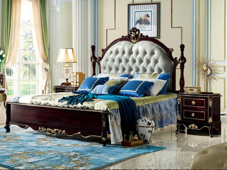  欧式新古典黑檀系列 真皮+高回弹海绵+进口榉木 蓝灰色 卧室床 1.5*2.0米