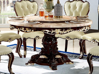  欧式新古典黑檀系列 粉龙玉大理石+进口榉木+黑檀 1.5米 餐桌（不含转盘）