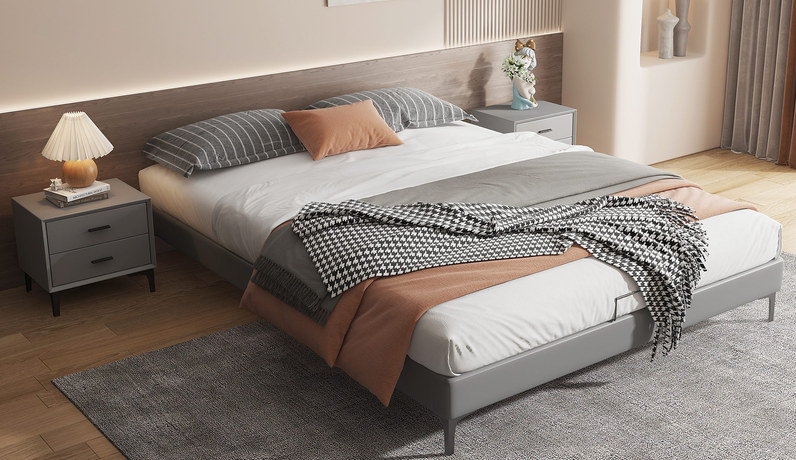 歌迪 极简风格 皮艺+实木框架 深灰色 1.5*2.0米床 无床头（搭配7分钢木排骨架）