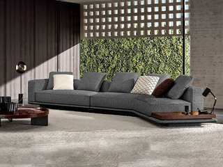 极简风格 地平线沙发 棉麻布+优质鹅绒+45D高密度回弹海绵+松木框架 转角沙发 单扶手二位+无扶手左转角带边几