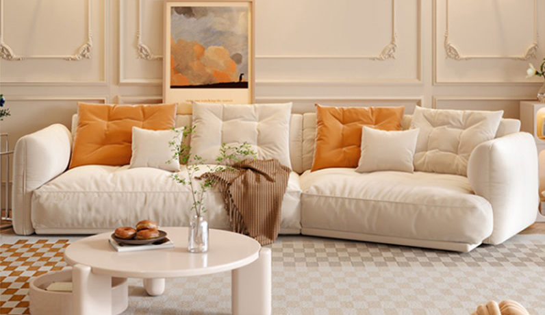 卡琪朵 奶油风 宽大坐深舒适靠包 轻薄透气绒布 蓬松柔软羽绒 45D高密度Q弹海绵 进口俄罗斯松木框架 2.85米转角沙发 3+左转角