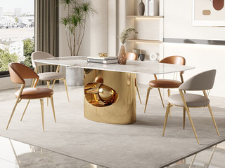  轻奢风格 创意设计 亮光岩板台面+不锈钢钛金底架  1.6米 餐桌
