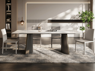  极简风格 防刮耐磨 哑光岩板台面+不锈钢古铜拉丝+碳素钢  1.4米 餐桌