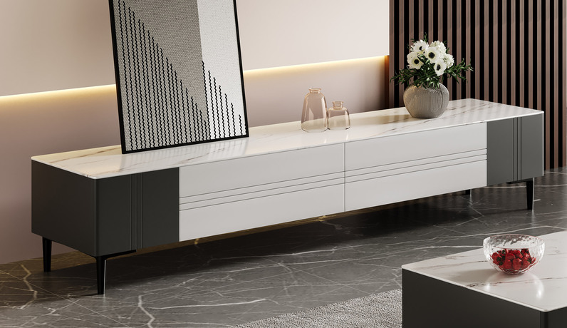 歌迪 极简风格 亮光雪山石岩板面+天然松木 1.8米电视柜