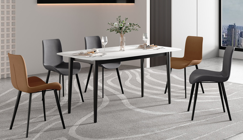 米勒 极简风格 光滑细腻 耐磨防污 雪山白哑光岩板桌面+碳钢 1.4米 马肚形岩板 餐桌