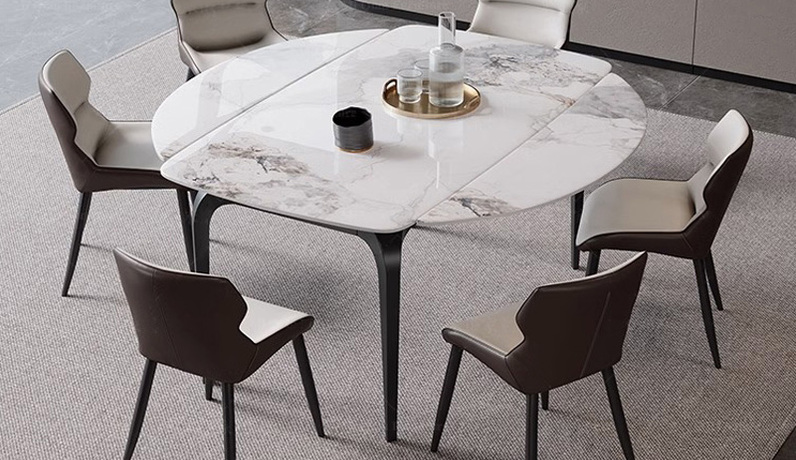 歌迪 极简风格  香奈儿亮光岩板+碳素钢 伸缩跳台1.4米餐桌