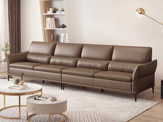 【现货】 国际知名品牌 现代简约 精选进口头层牛皮 俄罗斯进口云杉木实木框架 优质高回弹海绵靠包 饱满充实 可可棕 4人位直排沙发（此产品有短途物流费）