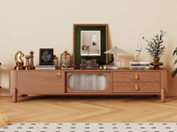 布木恋语 中古风 古典温莎韵味 复古长虹玻璃 北美进口白蜡木支撑脚 2.0米 中古色 电视柜（天然实木家具、纹理自然随机）