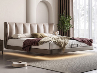  极简风格 高定头层黄牛皮 蓬松舒适羽绒靠包 智能感应灯带 俄罗斯进口松木框架 一坐三回弹海绵 1.8*2.0米悬浮真皮床（搭配10公分松木排骨架）（建议床下预留电源插座）