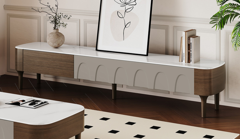 诺美帝斯 极简风格  北美进口白蜡木脚 易清洁 耐污染微晶石台面 2.0米 电视柜