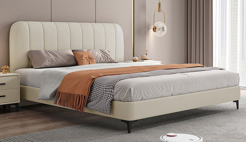 歌迪 极简风格 进口头层黄牛皮 柔和松软高回弹海棉 质地坚实环保落叶松实木框架 1.8*2.0米 米白色 真皮床（搭配10公分松木排骨架）