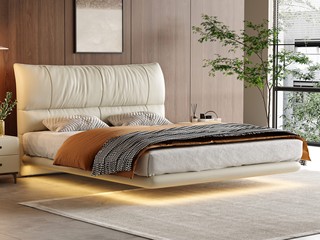  现代简约 真皮床 高定头层黄牛皮 厚实饱满高密度海绵 1.8*2.0米悬浮床（搭配10公分松木排骨架）（含灯带不含床头柜）