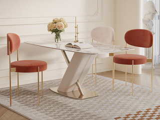  轻奢风格 不锈钢镀金+绒布 橘色 餐椅