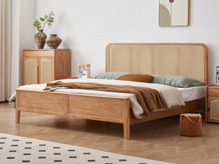  侘寂风 藤编床头设计 优质进口橡胶木 浅柚色 静音床板 1.8*2.0米床