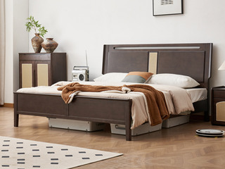  侘寂风 藤编床头设计 优质进口橡胶木 黑咖色 静音床板 1.8*2.0米实木床