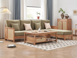  侘寂风 藤编设计 棉麻布艺沙发 优质海绵填充软而不塌 橡胶实木框架 豆绿色 转角沙发 1+3+左贵妃